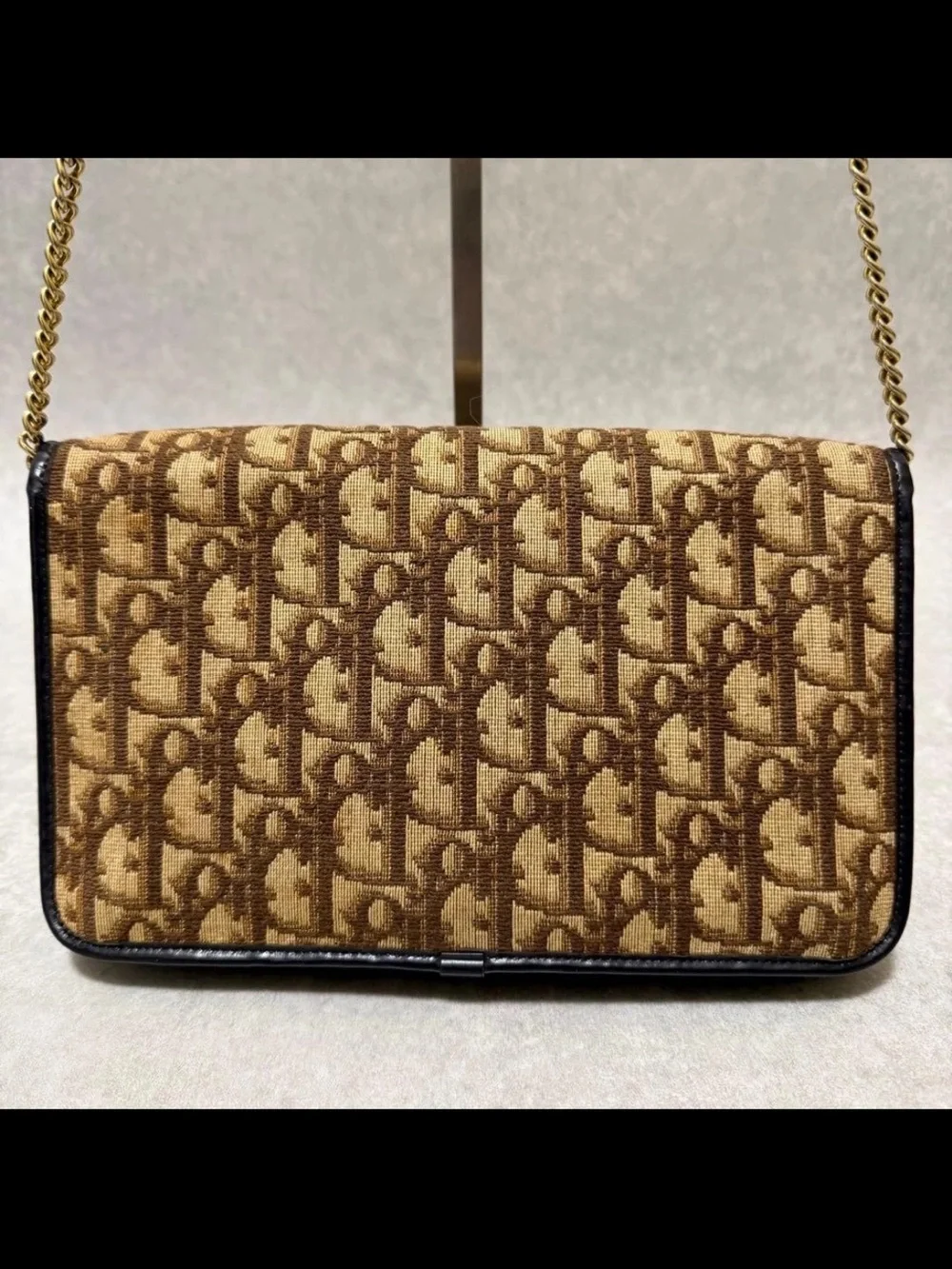 Dior Brown Logo Jacquard Crossbody with Gold Chain